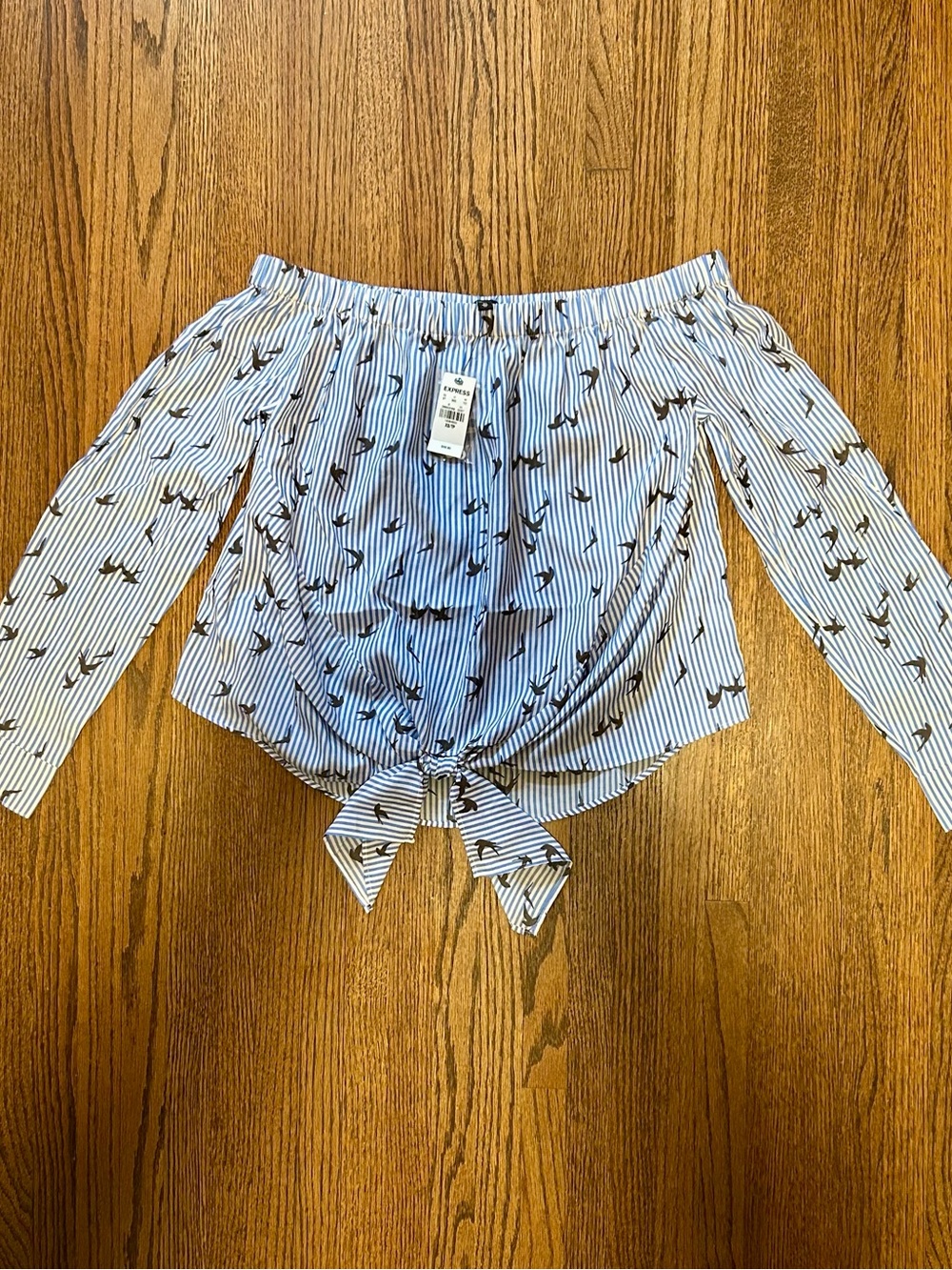 Express Blue White Stripe Bird Print Off Shoulder Tie Front Top NWT XS